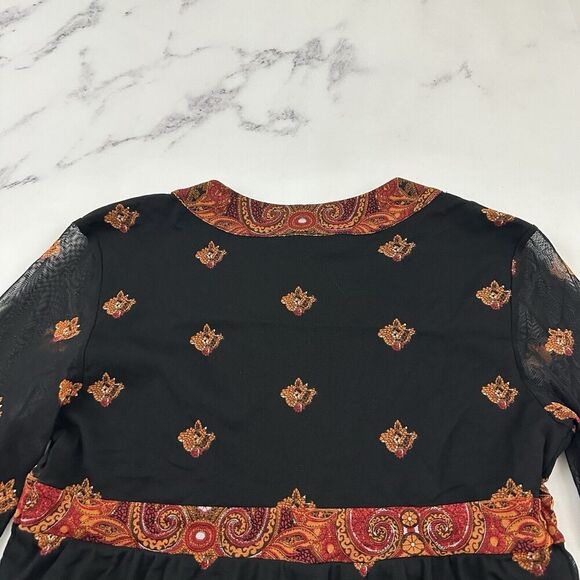 INC Womens Vintage Y2k Babydoll Top Size L Black Orange Paisley Mesh Sheer Trim - Picture 8 of 11